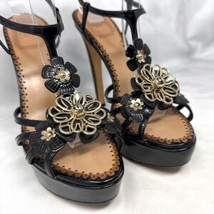 Christian Dior Vintage Y2K Fleur Floral Patent Leather Platform Sandal Heels 37